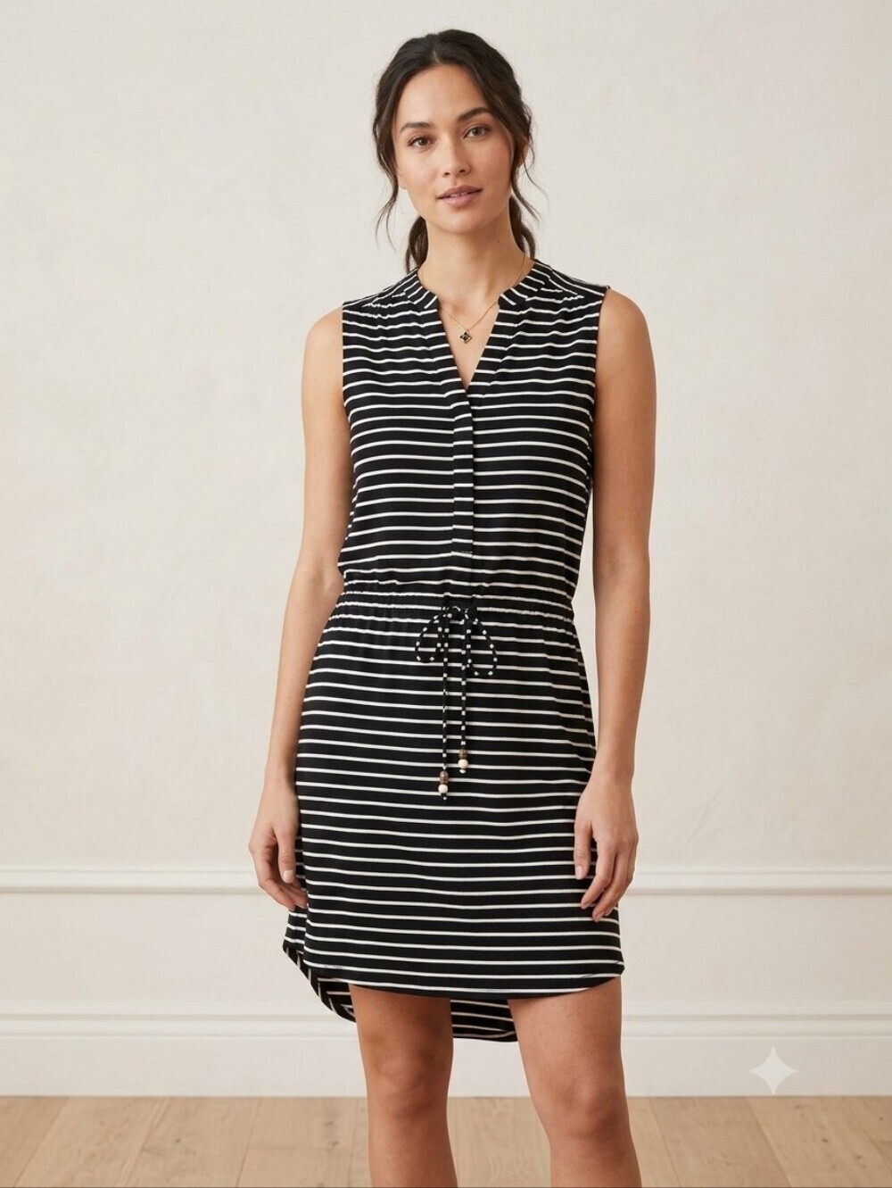 Metaphor Black & White Striped Sleeveless Drawstring Dress
